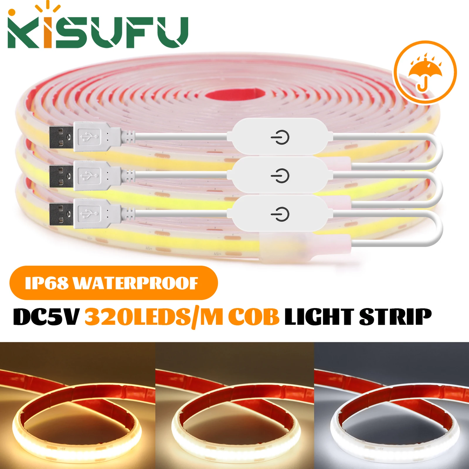 

Dimmable USB COB LED Light Strip 5V With Touch Sensor/ON OFF Switch RA90 IP68 Waterproof 3000K 4000K 6000K Flexibl Adhesive Tape