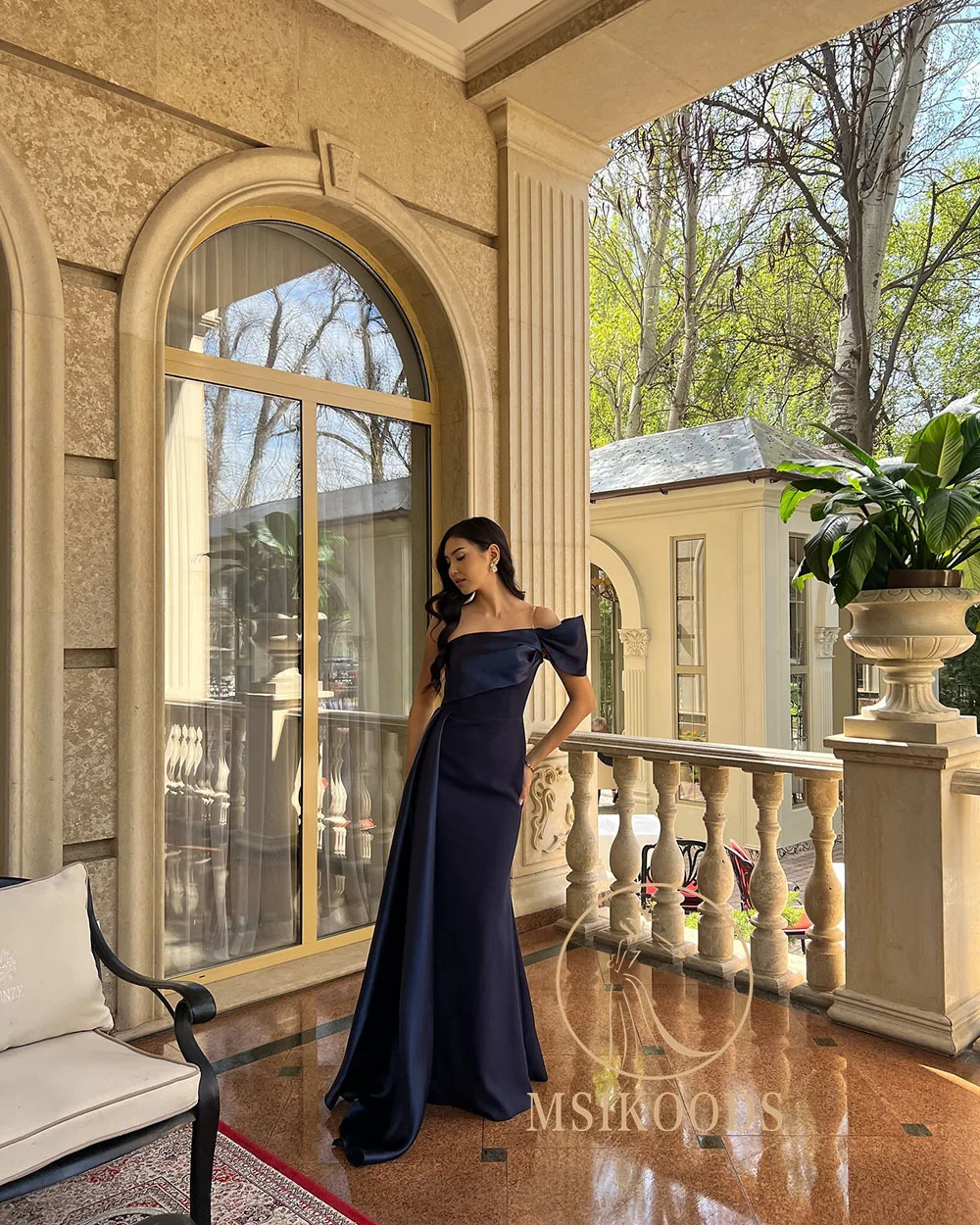 Sukienka wieczorowa Msikoods, granatowa, na jedno ramię, drapowana, elegancka, długa do podłogi, na studniówkę, sukienka formalna, sukienka na przyjęcie, możliwość personalizacji