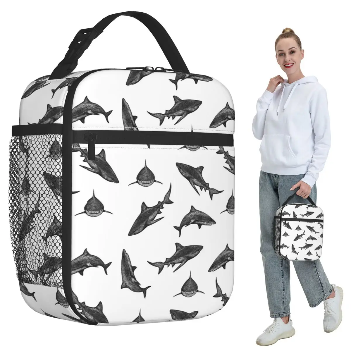 Isolierte Lunchtasche mit Cartoon-Motiv, großer weißer Hai, für Kinder, Schulkühler, Thermo-Lebensmittelbox, tragbare Lunchboxen, Behälter