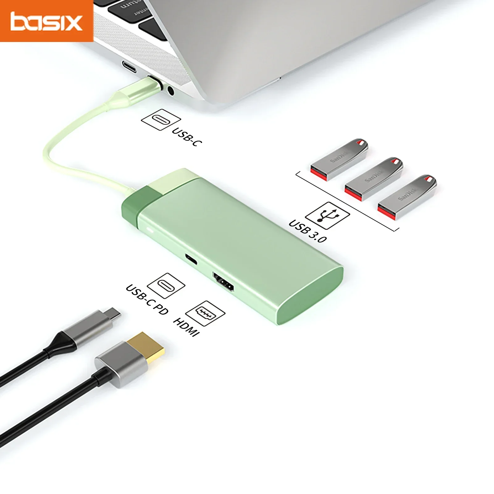 

Basix USB C Hub to 4K HD-MI Compatible Type C PD Charging Dock USB 3.0 2.0 for MacBook iPad Samsung Mouse Keyboard U Identifier