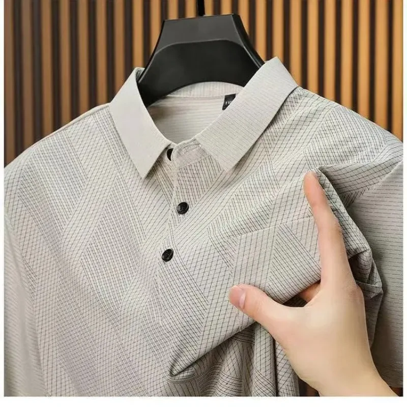 Men's Dark Blue Geometric Stripe Polo Shirt with Button Placket and Breathable Fabric