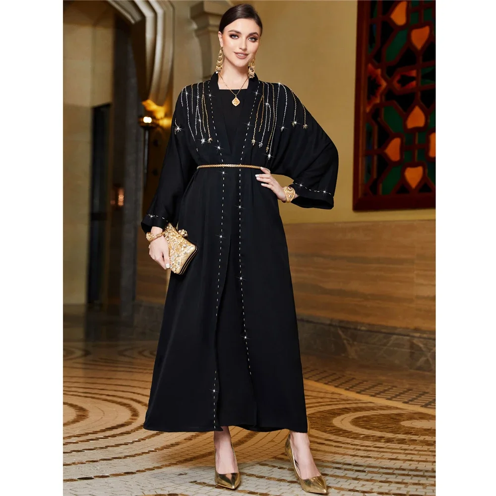 

Luxury Diamonds Open Abaya Dubai Turkish Islamic Clothing Kimono Muslim Women Party Evening Eid Kaftan Saudi Belt Dress Caftan