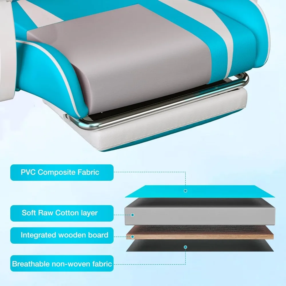 كرسي ألعاب تدليك للأطفال باللونين الأزرق الفاتح والأبيض - كرسي كمبيوتر مستلق مع مسند للقدمين ودعم قطني ومسند للرأس لغرفة الألعاب