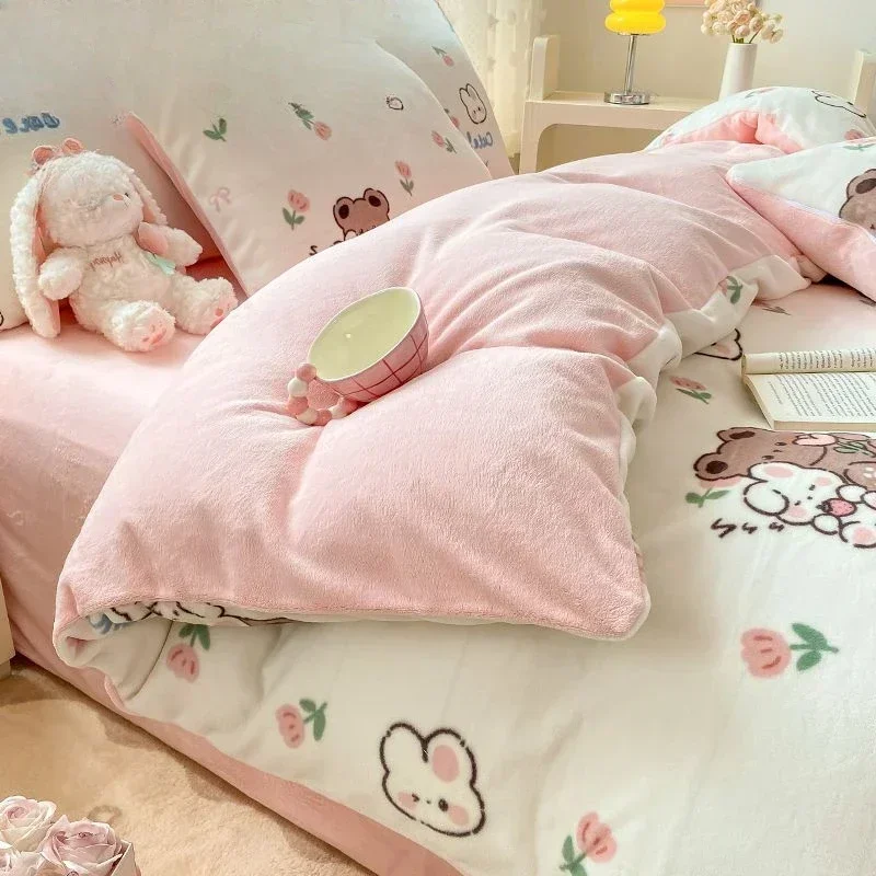 Printed Plush 4-piece Set Short Plush Duvet Cover Winter Thick Comfortable Sheet Pillow Case Household Dormitory Bedding Article
