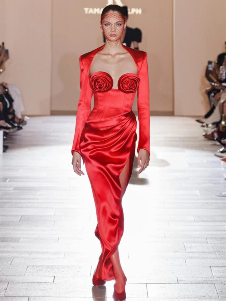 

Women Glamorous Red Satin Long-Sleeve High Slit Long Dress with Rose Embellishments - Ideal for Formal Events & Party Evening