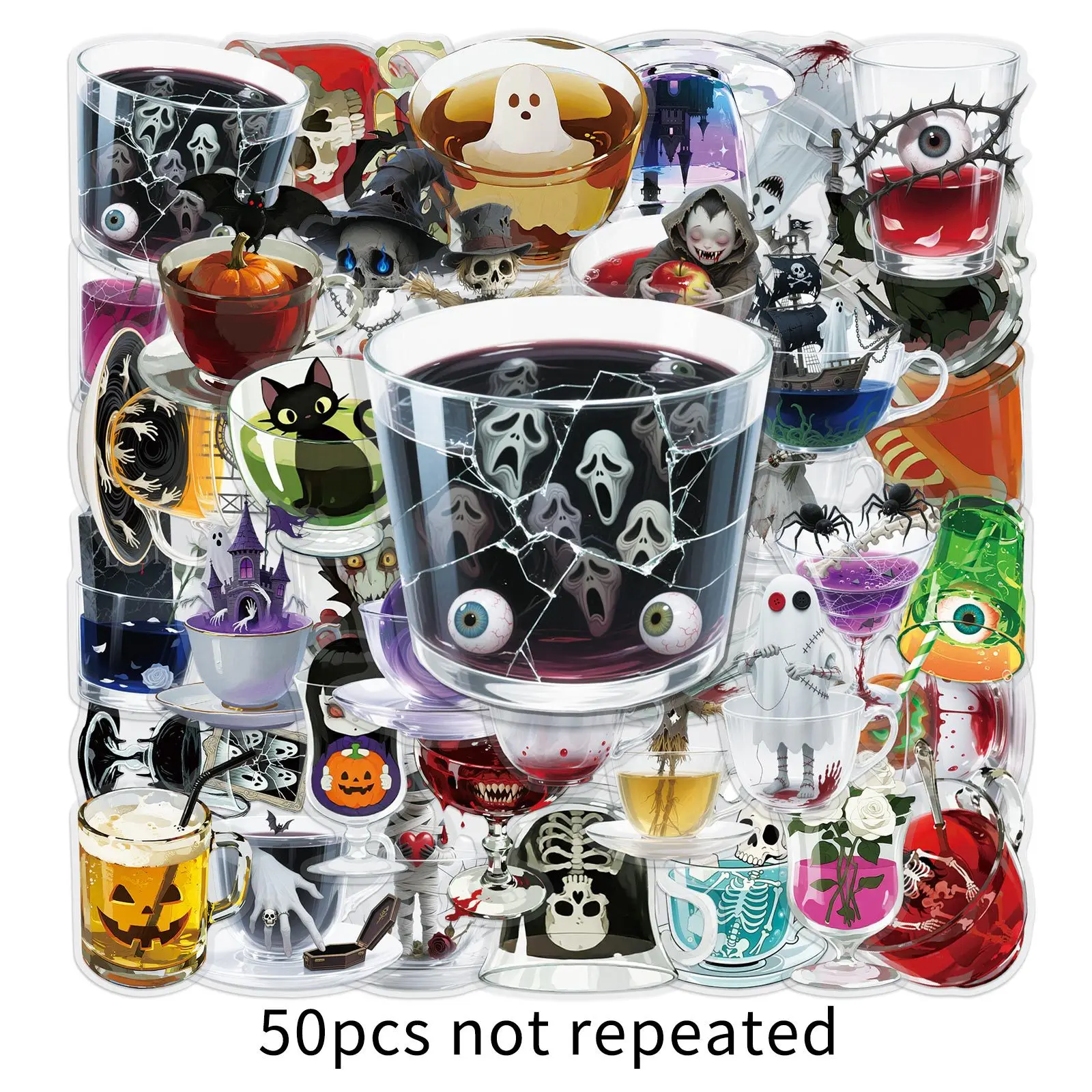 

50PCS Halloween Gothic Tea Cup Cool Graffiti Transparent Sticker for Refrigerator Phone Case Water Cup Waterproof Sticker Toy