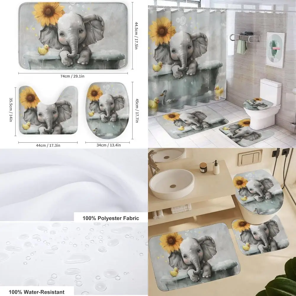 

Orange Elephant Shower Curtain Set with Rugs, Toilet Lid Cover, Bath Mat & Duck Bathroom Decor, 72x72