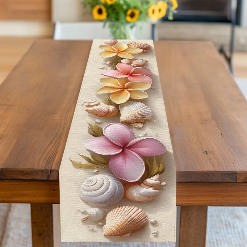 1 Piece Tropical Style Design - Pastel Floral and Shell Pattern Table Runner, Suitable for Farmhouse, Indoor, Kitchen, Celebrations, Table Decoration, Restaurant and Banquet Decoration Supplies