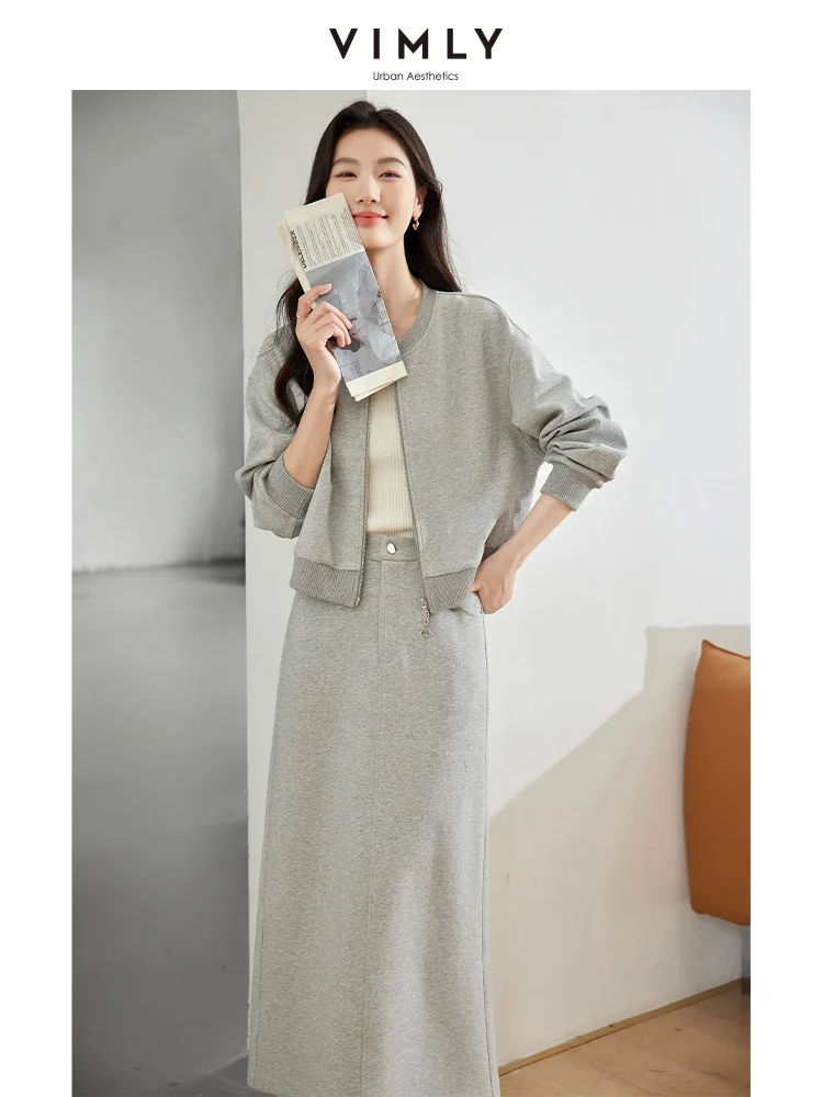 VIMLY Women\'s Simple Casual Solid Cardigan Sweatshirt Suit Autumn Long Straight Skirt Two-piece Set Female Office Lady SetM8301