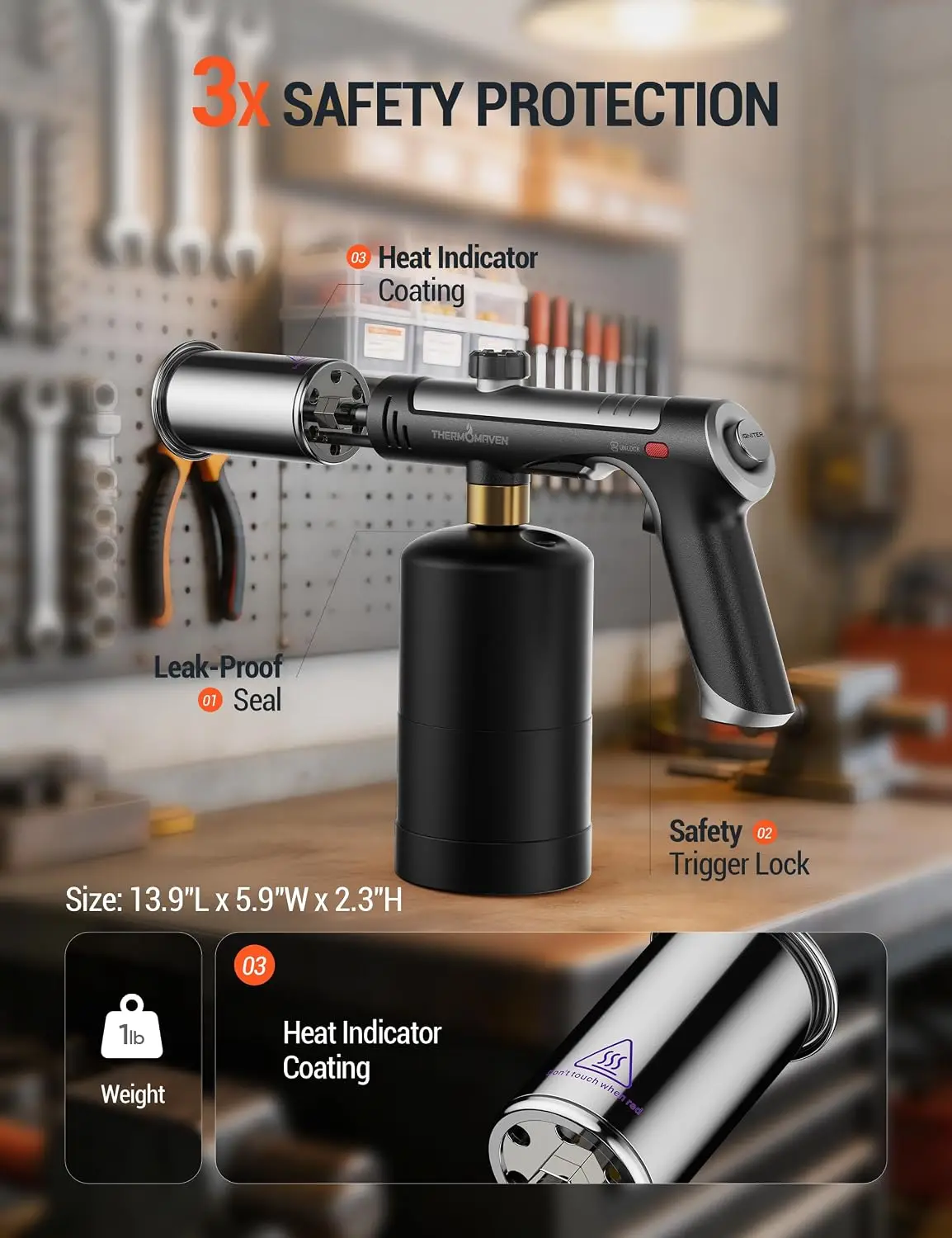 Propane Torch Gun with Safety Lock, Adjustable Flame for Grilling, BBQ, Searing, Sous Vide, Charcoal Lighting, DIY - Tank Not