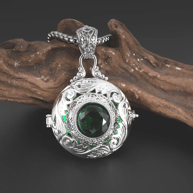 Beautifully Carved High Quality Hollow Openable Dark Green Diamond Silver Round Box Pendant Necklace