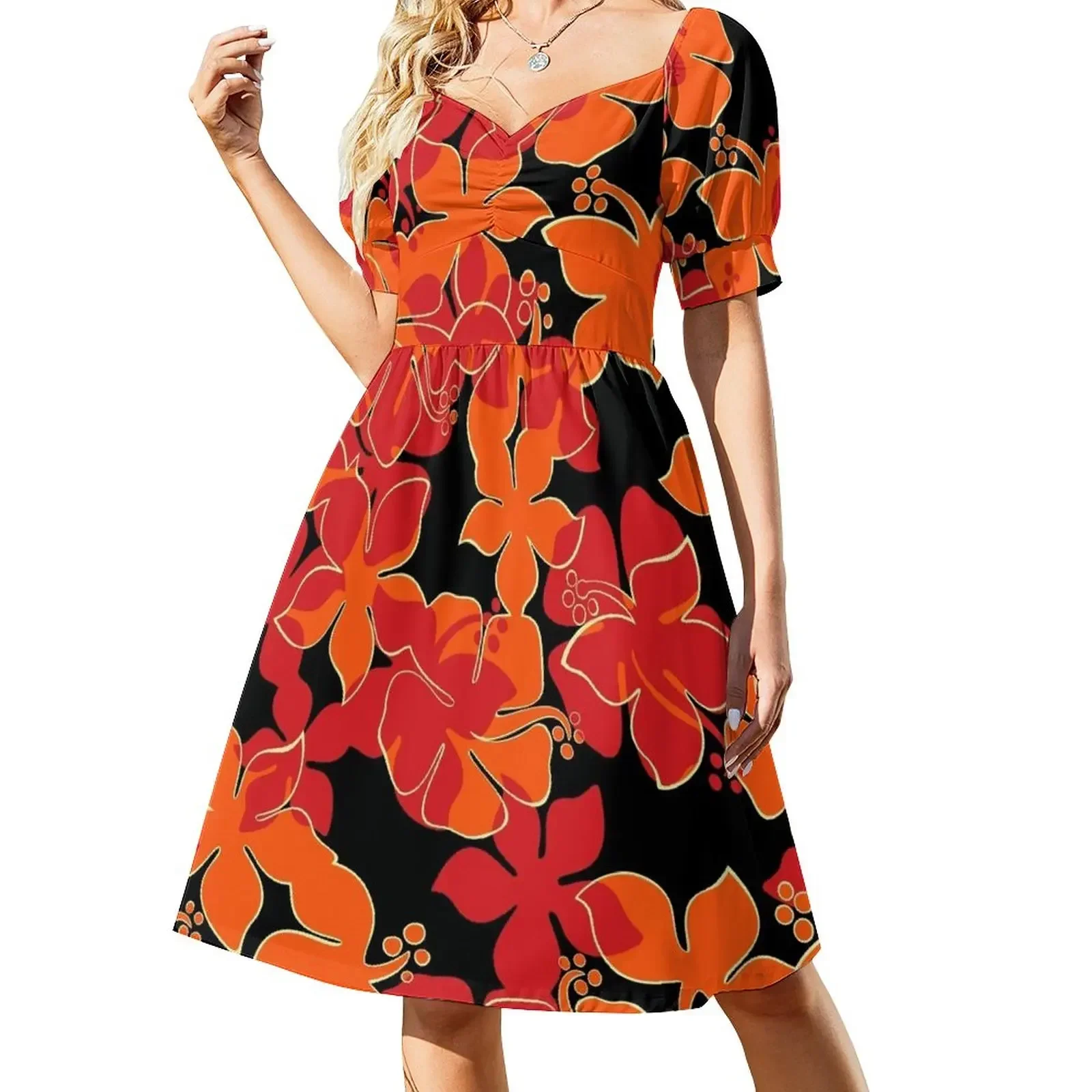 

Hanalei Hawaiian Floral Camo Aloha Shirt Print - Red, Orange & Black Sleeveless Dress loose women's dress Dress