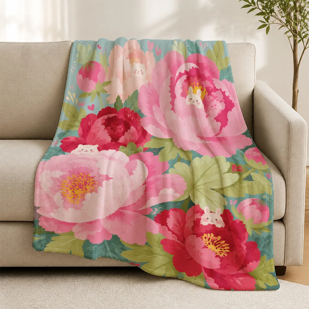 Large Peony Floral Throw Blanket Sofa Couch Decor Textile Living Room Decorative Throw for Bed Cozy Winter Chunky Queen King Siz