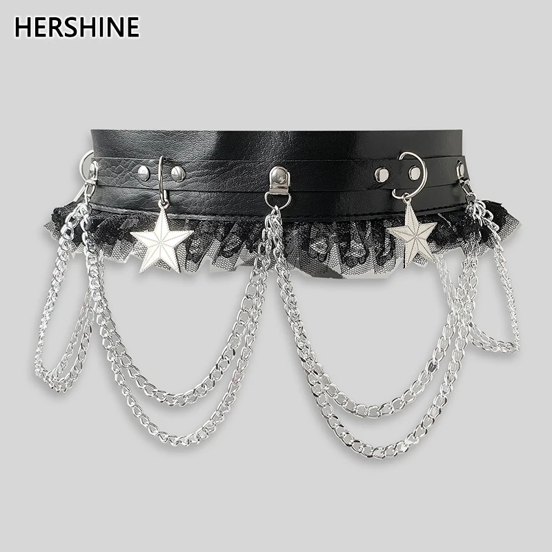 HERSHINE Women's Fashion Star Chain Lace Trim Leather Belt, Y2K Gothic Punk Harajuku Rock Hip Hop Accessory，spring，summer