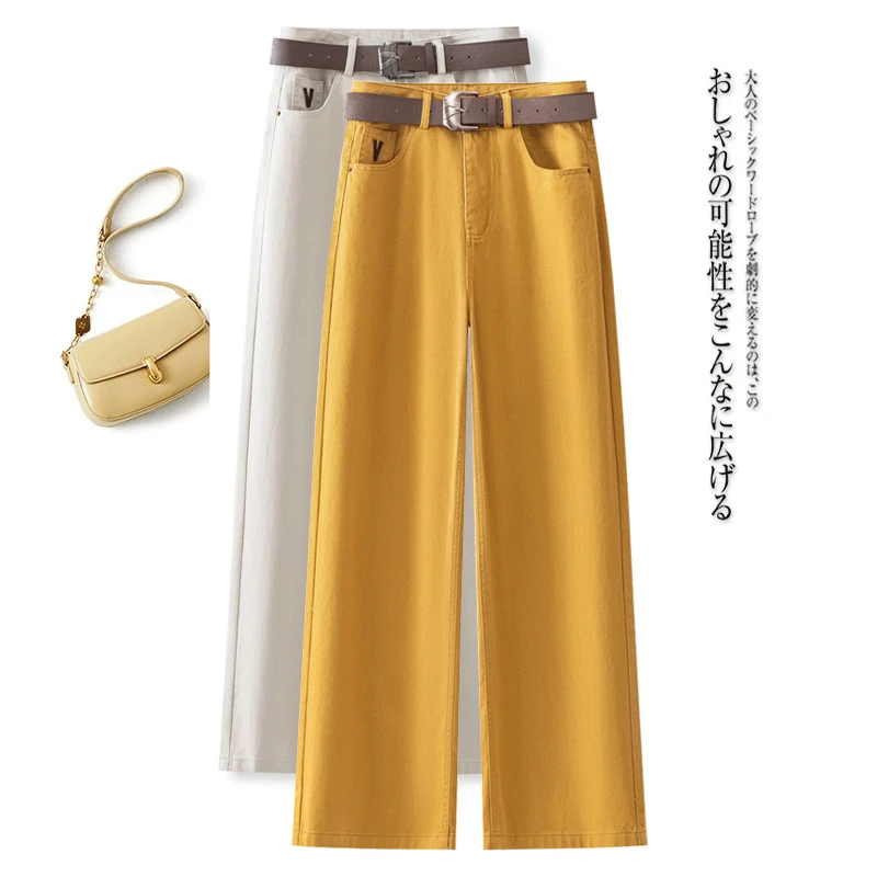 

Женские широкие джинсы из мягкого денима желтого цвета, новая весенняя модель, свободные повседневные модные прямые джинсы