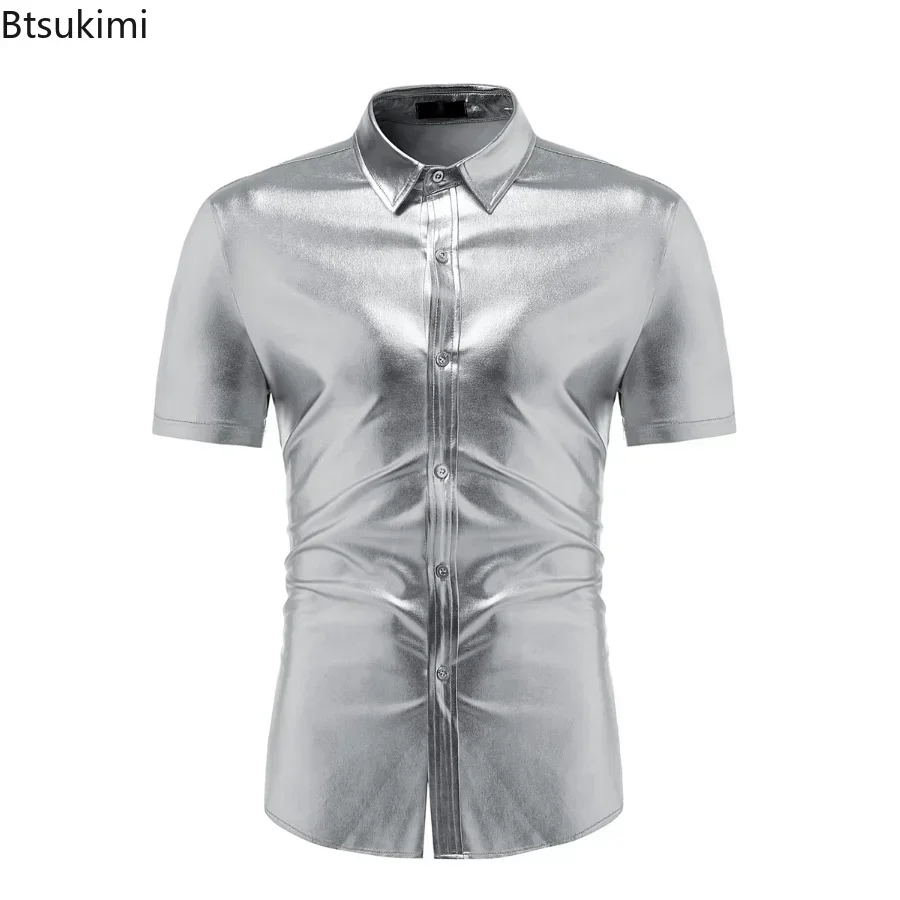 2024 Men\'s Shiny Nightclub Party Shirts Fashion Gold Silver Slim Fit Short Sleeve Shirt Men Evening Party Singers Clothing Male