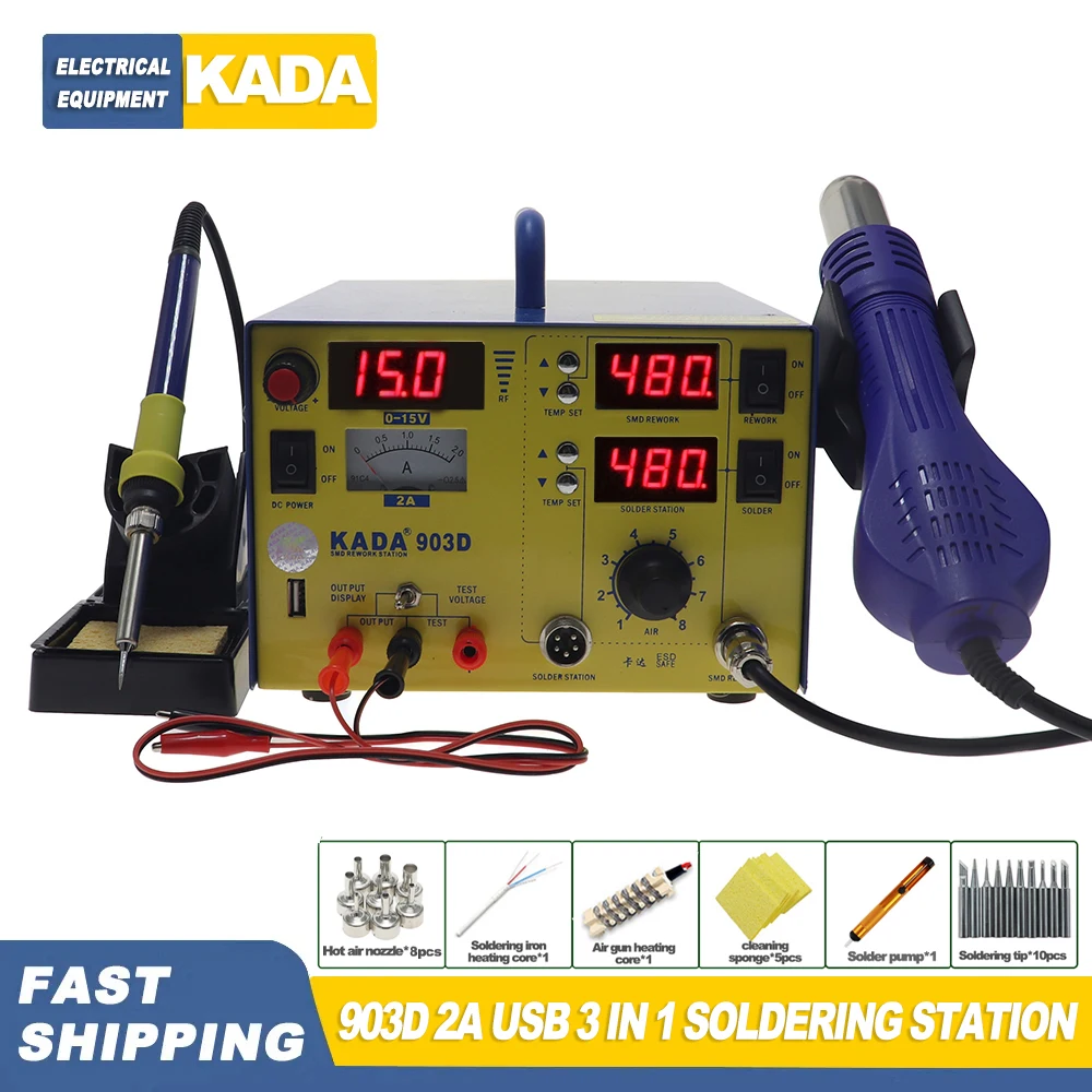 KADA 903D 2A USB SMD 3 in 1 Soldering Station Hot Air Rework Station and 0-2A 0-15V DC Power Supply to Work Together,909D 853D