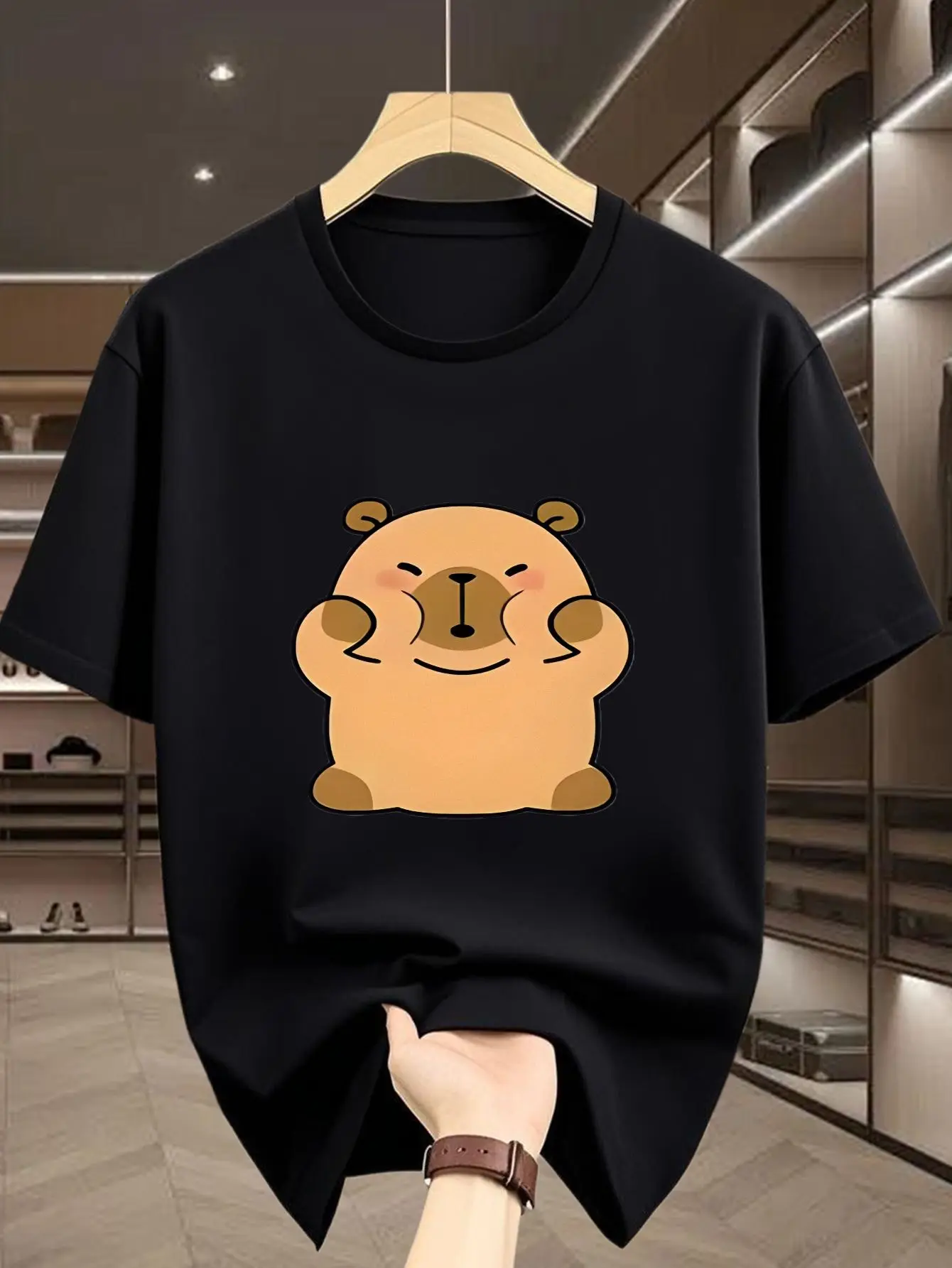 Smiling Cute Round Capybara Cartoon Print Mens Short Sleeve Tshirt Crew Neck Kawaii Animal Casual Outdoor Daily Comfort Wear