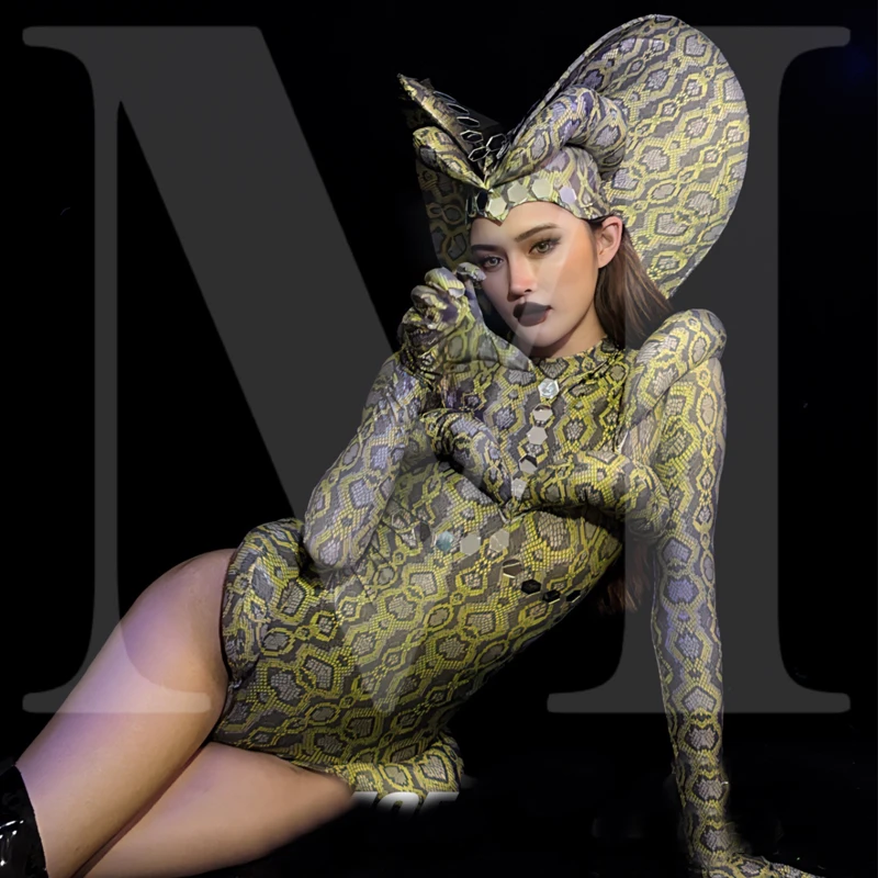 Women Gogo Dance Costumes Snake Patterned Bodysuit Bar Nightclub Ds Dj Halloween Jazz Clothing Female Stage Rave Outfit XS7065