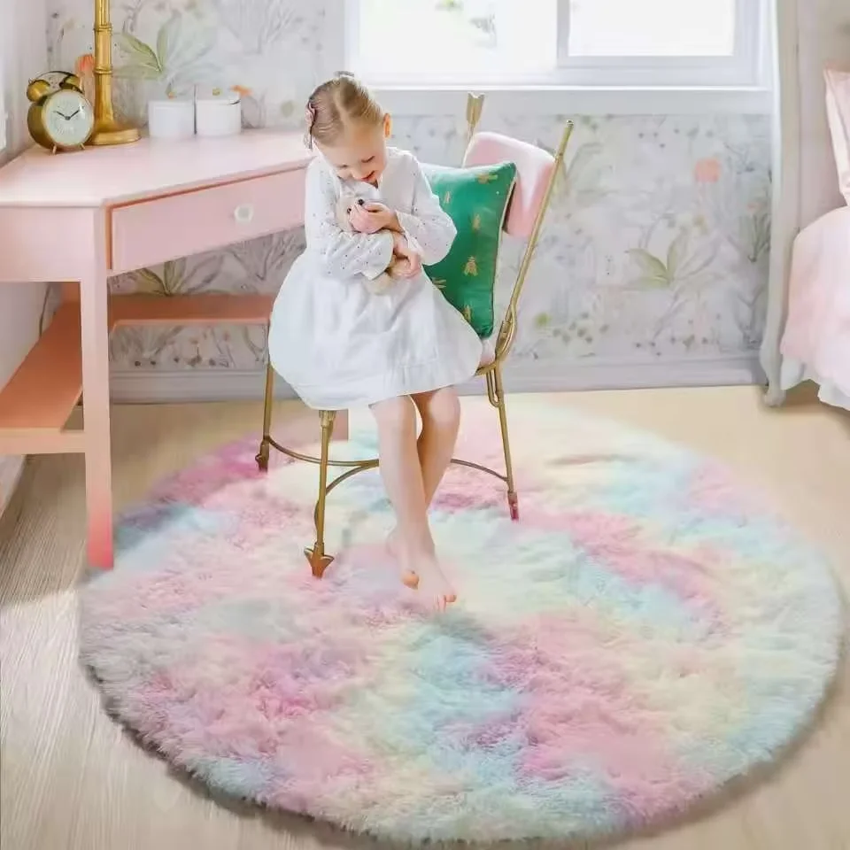 VIKAMA Plush Round Rugs For Girls Bedroom Soft Shaggy White Carpet In The Living Room Bedside Rugs Pink Home Decor Plush Carpet