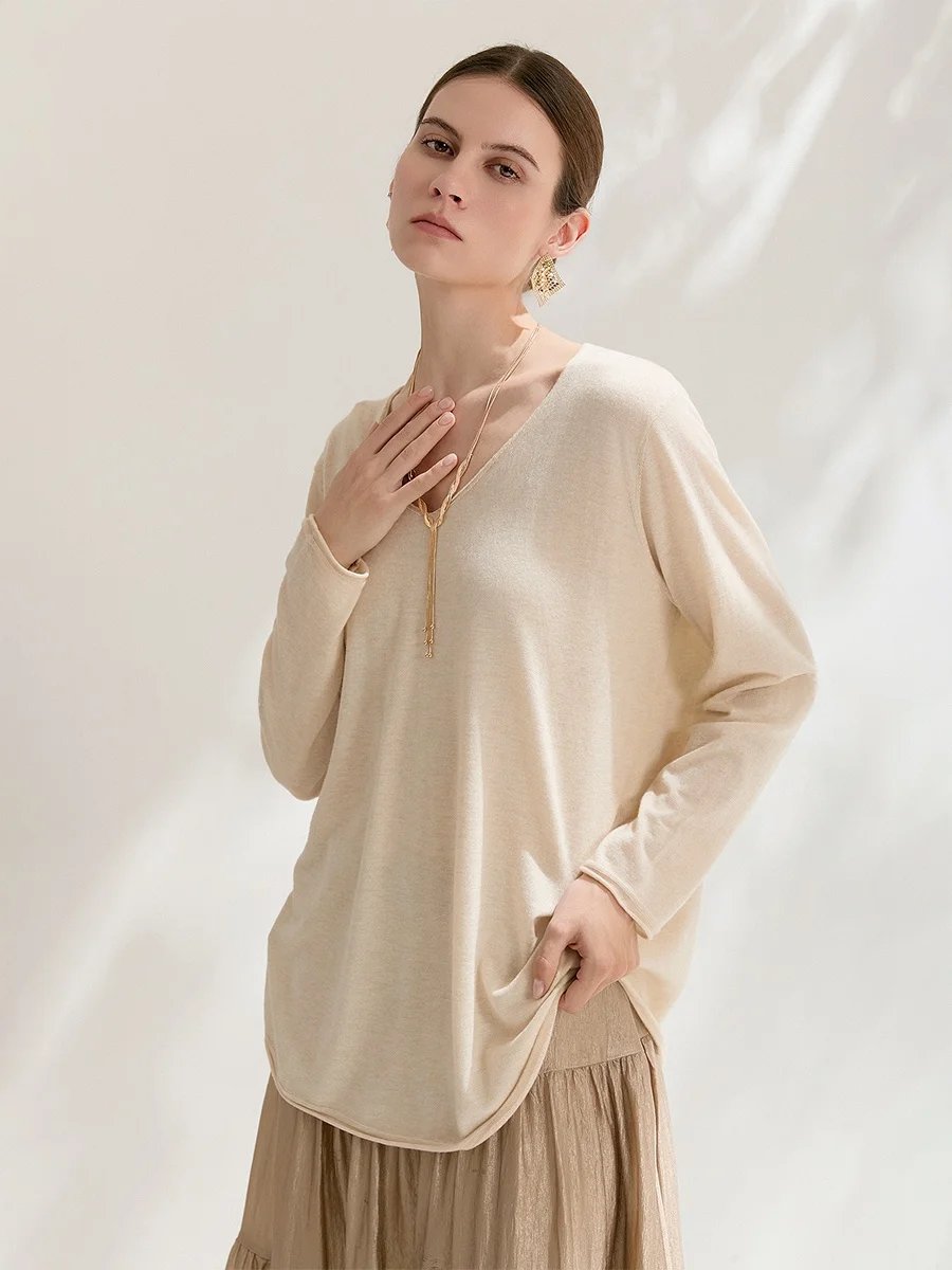 

BEA HEA Breathable Light Woolen Knitted Sun Protection Cover up Loose Long Sleeve V-Neck Top Soft Polyester Blend French Style
