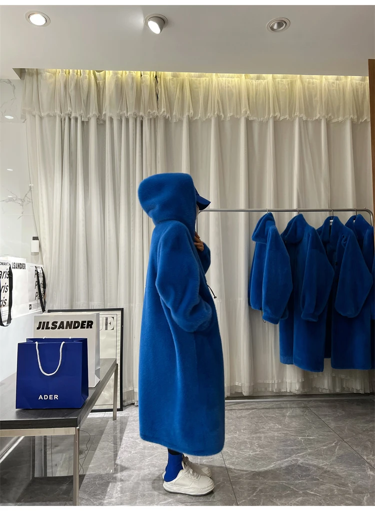 Lautaro Winter Long Oversized Warm Thick Blue White Fluffy Faux Fur Coat Women with Hood 2022 Loose Casual Korean Style Fashion