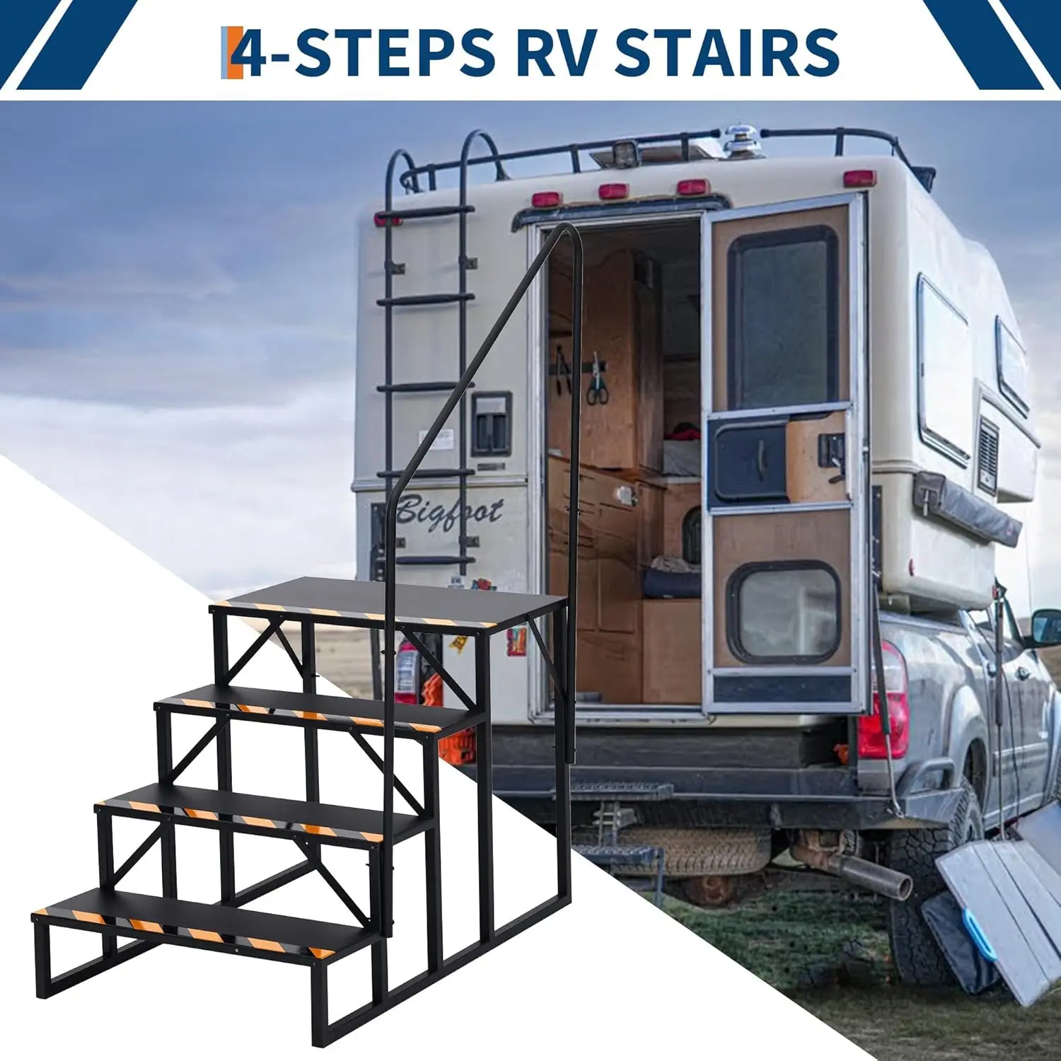 سلالم RV ذات 4 خطوات مع درابزين وأشرطة غير قابلة للانزلاق، سلم محمول خارجي لمقطورات العجلات الخامسة، ومعسكر السفر، وأحواض ساخنة #2