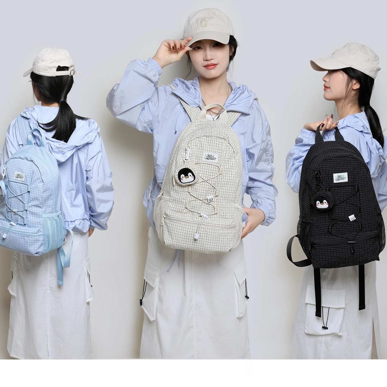 Drawstring checkered striped backpack, polyester lightweight workwear, water-resistant student hiking backpack