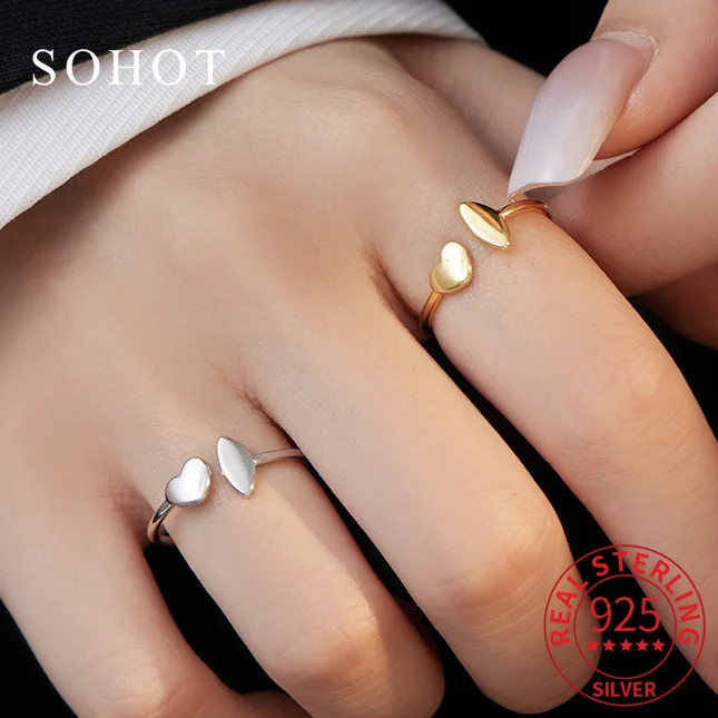 

Real 925 Sterling Silver Asymmetrical Heart Geometric Rings for Women Minimalist Cute Fine Jewelry Trendy Adjustable Accessories