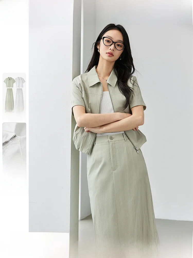 

Fashionable Casual Women's Short Sleeve Top And Skirt Set Two-Piece Ensemble Cotton Material Zipper Closure Spring Summer