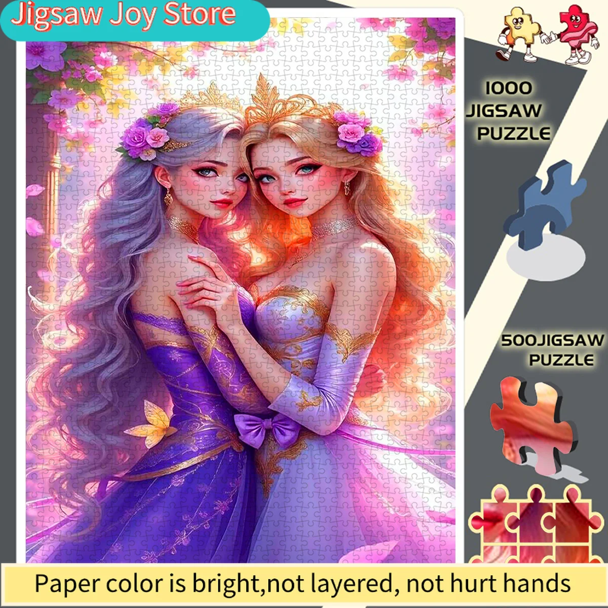 

500/1000pcs Two Princesses Embracing in Flowers Paper Jigsaw Puzzle, the Perfect Choice for DIY Enthusiasts Without a Frame, A