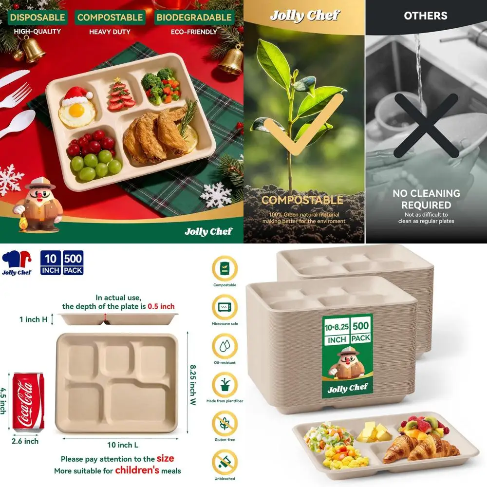 

Eco-Friendly 500 Pack Biodegradable 5-Section Paper Plates, 8.25 x 10, Heavy Duty for School and Holiday Meals (Brown)