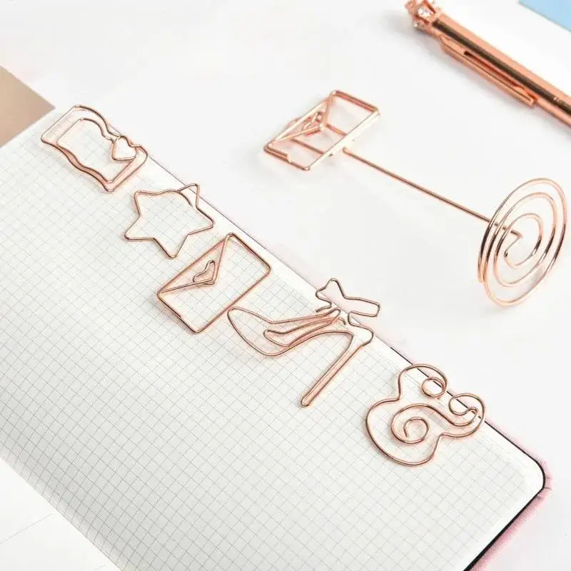 10Pcs Random Various Shape Rose Gold Metal Clips Kawaii Bookmark Memo Clip Cute Paper School Office Supplies