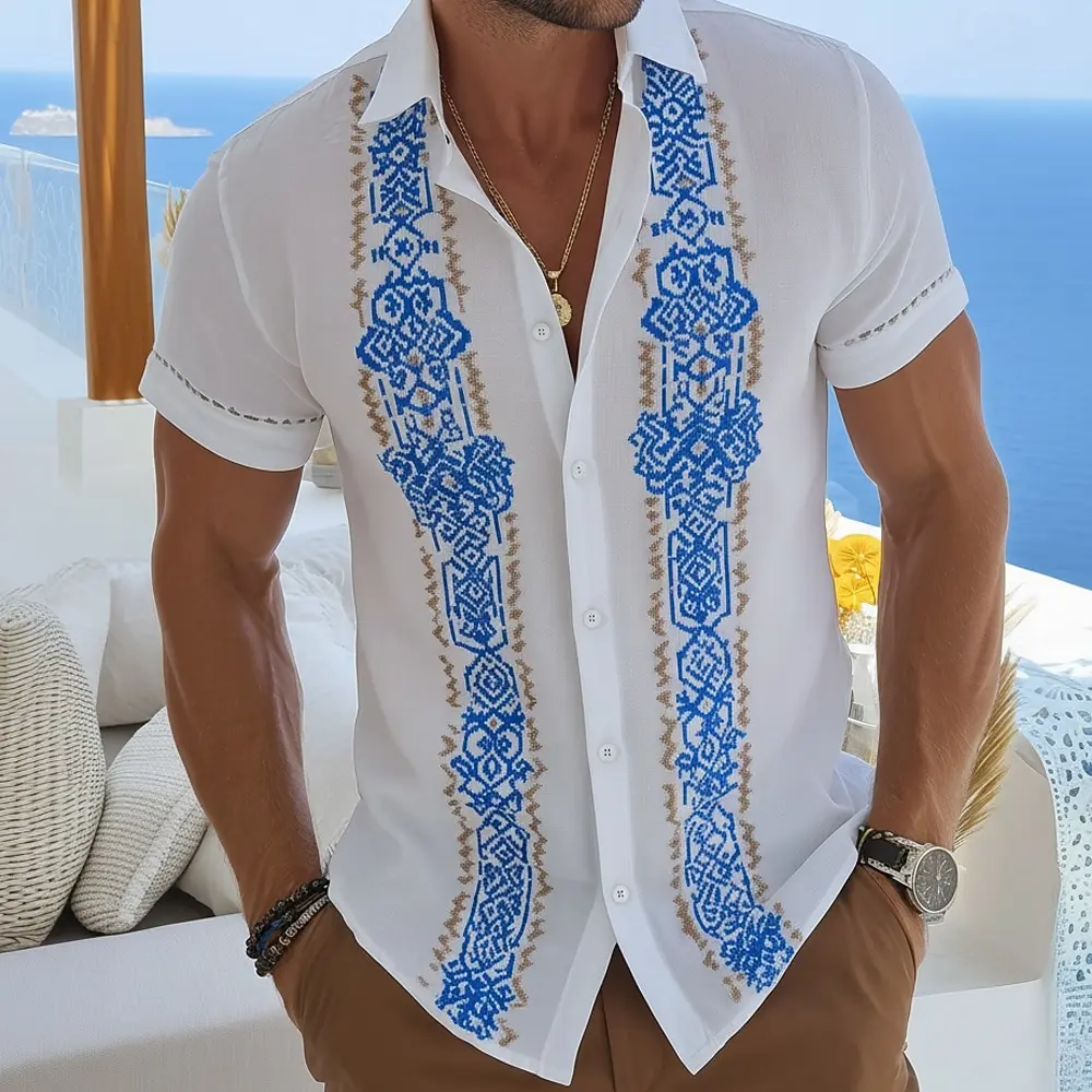 Men's Classic Color Ethnic Abstract Geometric Shirt,Print Short Sleeve Guayabera Turndown Collar Button Up Shirt for Summer