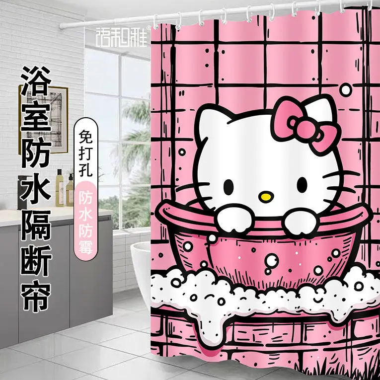 

Sanrio Hello Kitty cartoon cute bathroom shower curtain creative Kawaii home waterproof shower curtain anime peripheral gift.