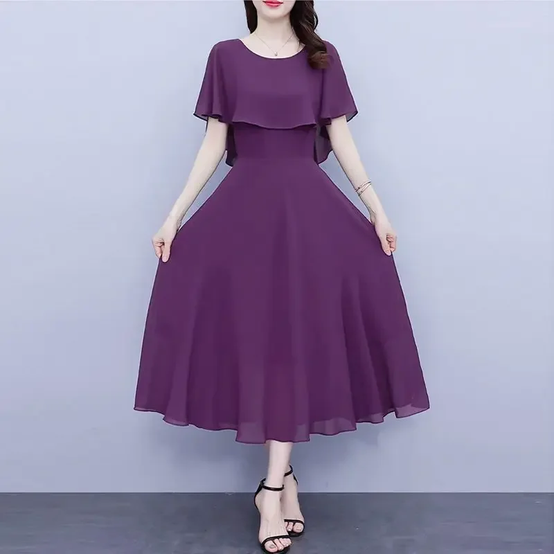 Pulôver feminino de verão, cor sólida, manga borboleta, chiffon, gola redonda, gaze confortável, em camadas, elegante, saias no joelho, vestidoszt19