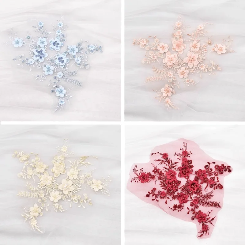 Colors Bead Flower Embroidery Patch Lace Fabric Applique Sewing Wedding Bride Dress Veil Craft Garment Accessories Decoration