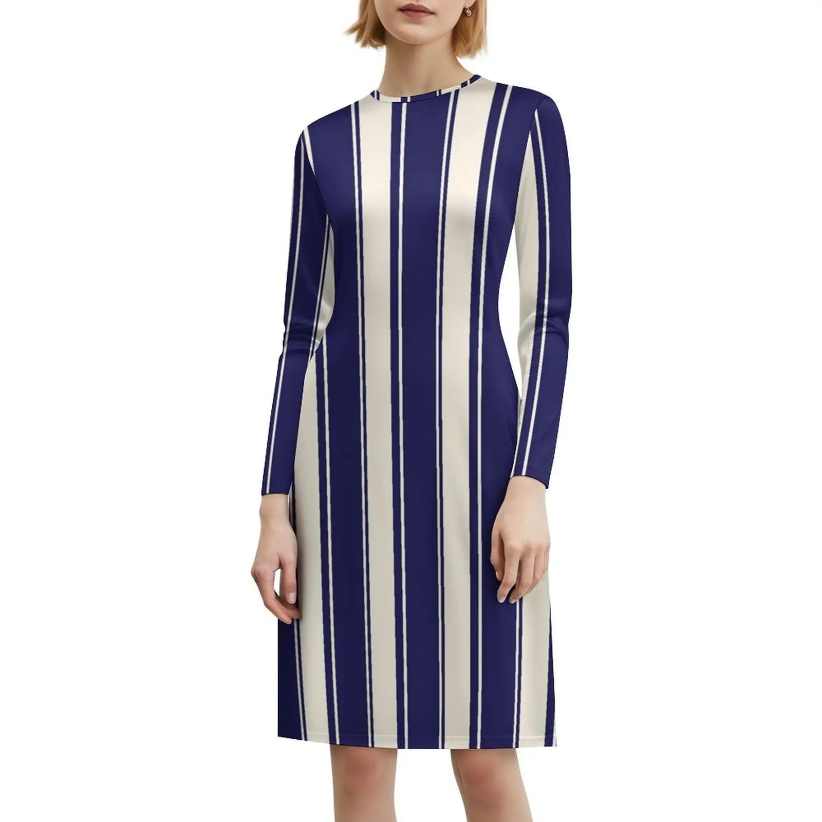 Creme e azul marinho listras feminino hip hop streetwear vestido impressão gráfica festa clube wear listras creme vertical azul marinho
