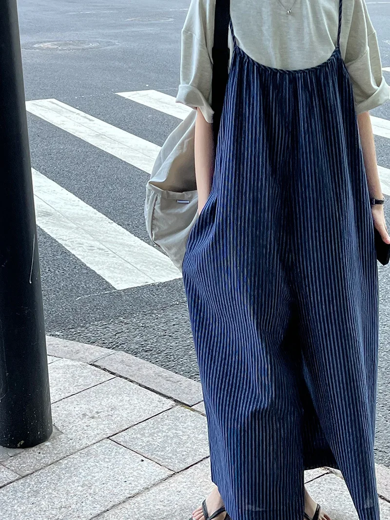 Blue Striped Wide Leg Overalls for Women's Summer Loose Casual Wide Leg Sling Jumpsuit Pants