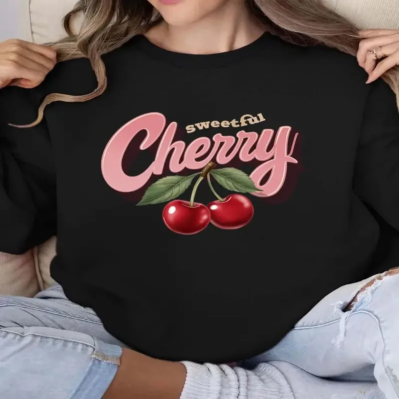 

Winter Fall Female Oversize Sweatshirt Women Plus Size Clothes Cherry Sweetful Pink Text Art Design Long Sleeve Comfortable Y2k