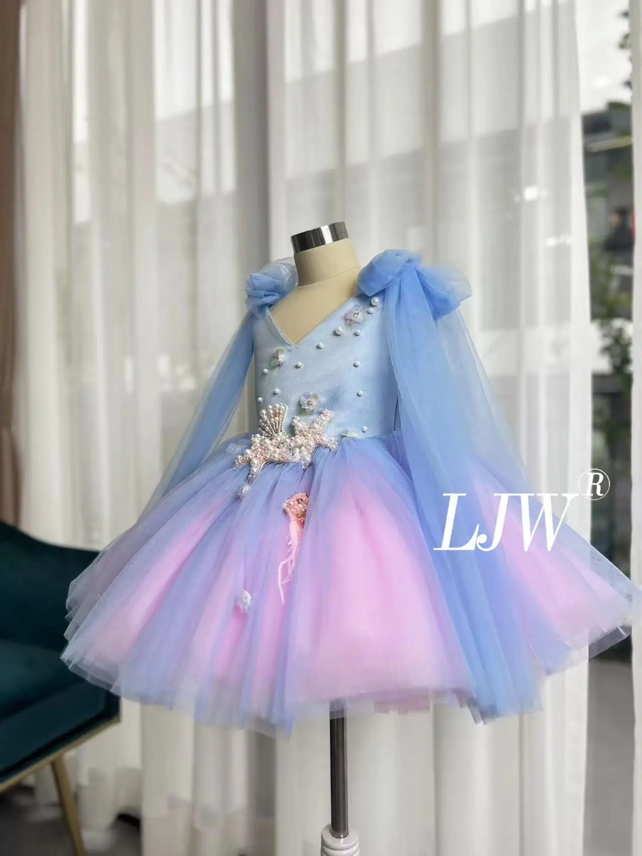 Zomer Mouwloze nieuwe meisjes Festival Banket Formele Gelegenheid Avondjurk Blauw verloop Zeeschelp Element Eerste verjaardag van het meisje