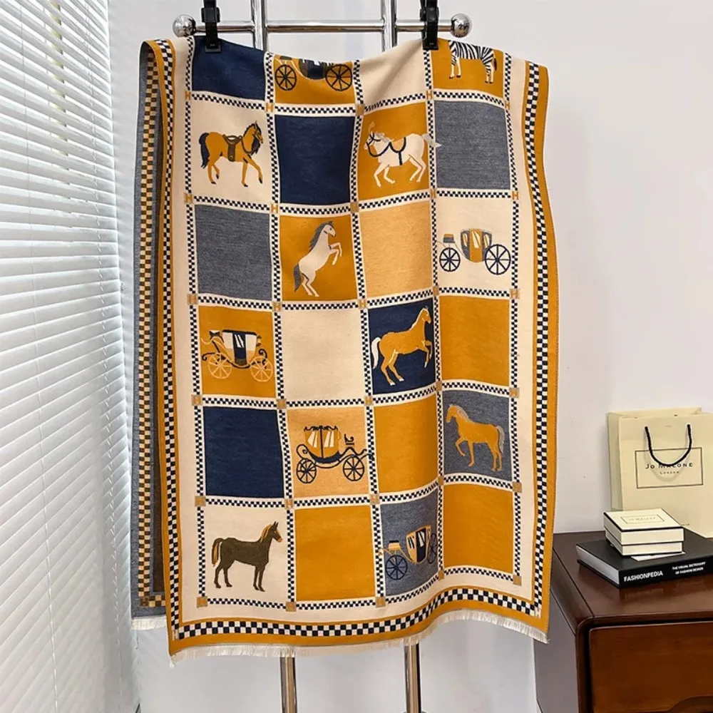 

Luxury Horse Print Cashmere Poncho - Women Winter Warm Shawl Wraps, Thick Pashmina Blanket Scarf for Travel