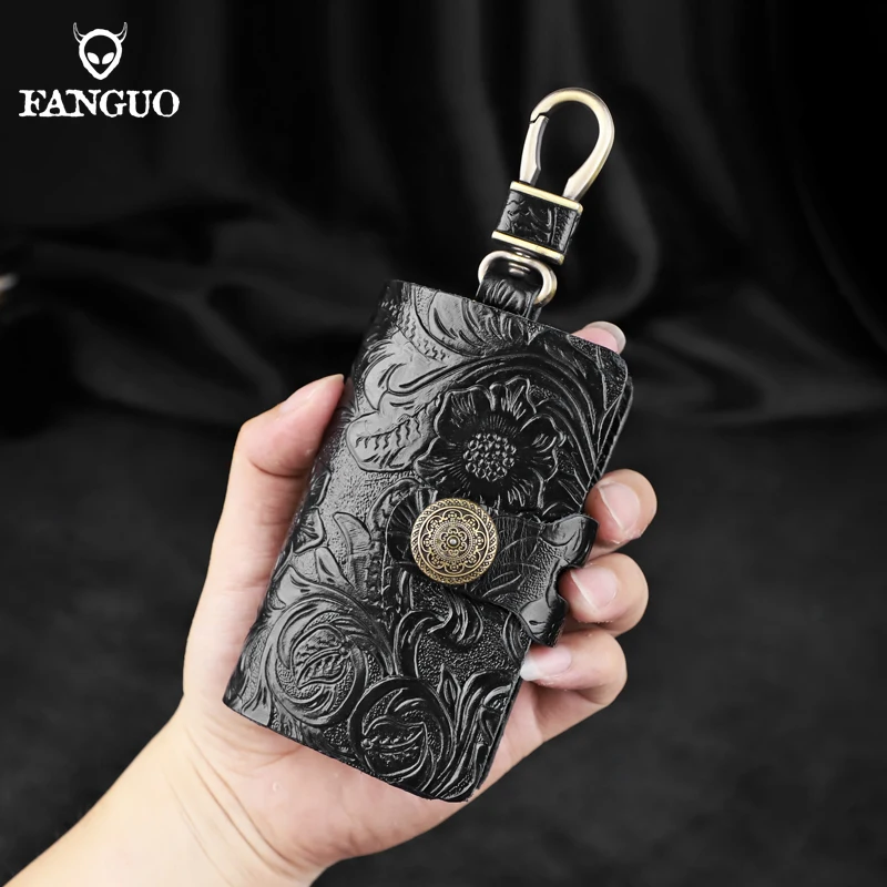 Bolso porta llaves de cuero genuino hecho a mano para hombre, bolsa con llavero, bolsas organizadoras para ama de llaves, monedero multifunción con ranura para tarjetas