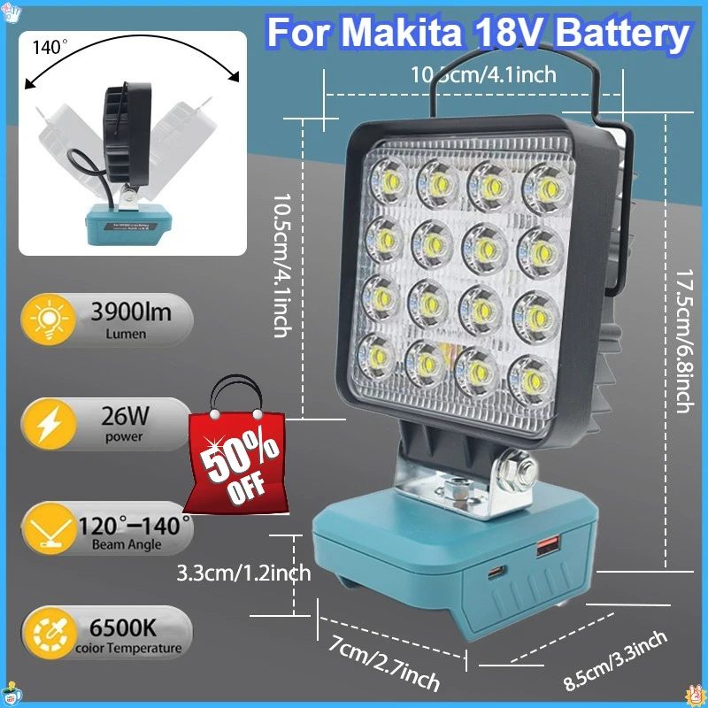 Power Tool Accessories for Makita 18V Battery LED Working Light Emergency Lamp Spotlight Torch Flashlight with Dual USB BL1830