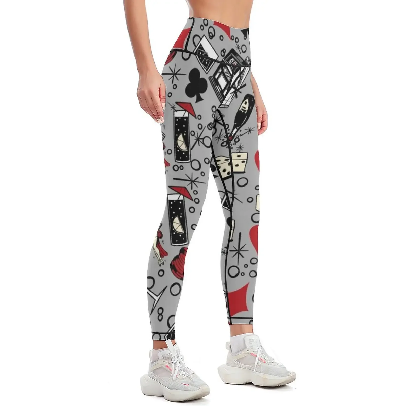 Viva Vegas Retro Casino Print - Red, Black and Gray Leggings for fitness sporty woman push up Womens Leggings