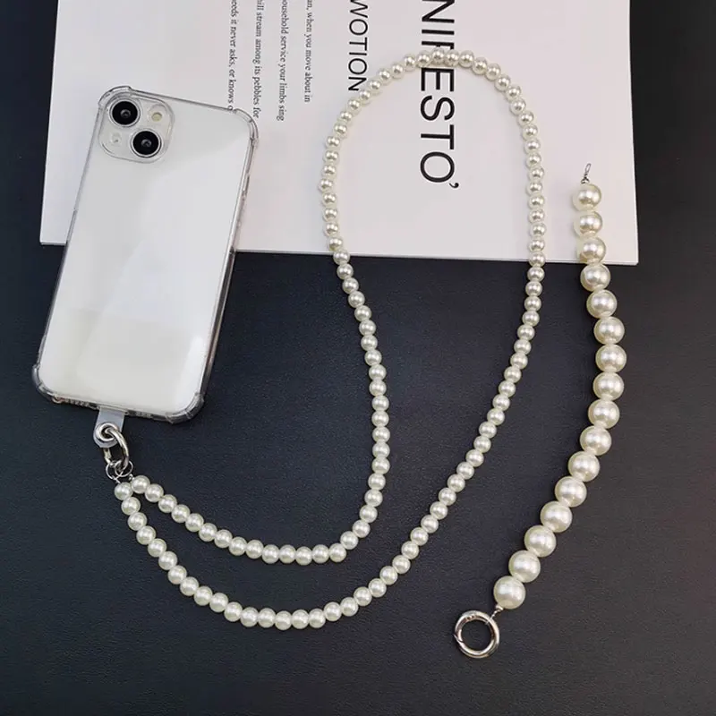 Crossbody Phone Lanyard Long Pearl Necklace Chain for iphone 16 15 Xiaomi All Cell Phone Case Pearl bracelet with Universal Clip