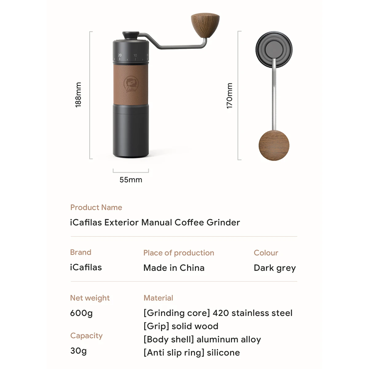 iCafilas GM2214 Manual Coffee Grinder Portable Coffee Mill 48mm 7 Core Burr Pour-over & Espresso Grinder External Adjustment