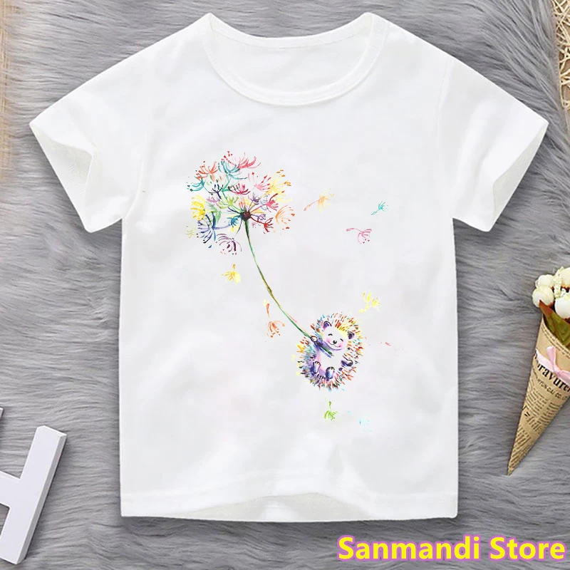 

Watercolor Cute Hedgehog Dandelion Print T-Shirt Girls/Boys Kawaii Children's Clothing Summer Fashion Tops Tee Shirt Girl 3-13y