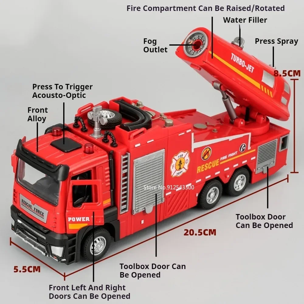 1:32 Scale Fire Truck Model Toy Car Metal Die-cast Light Music Simulation Spray Rescue Vehicle Models for Kids Birthday Gifts