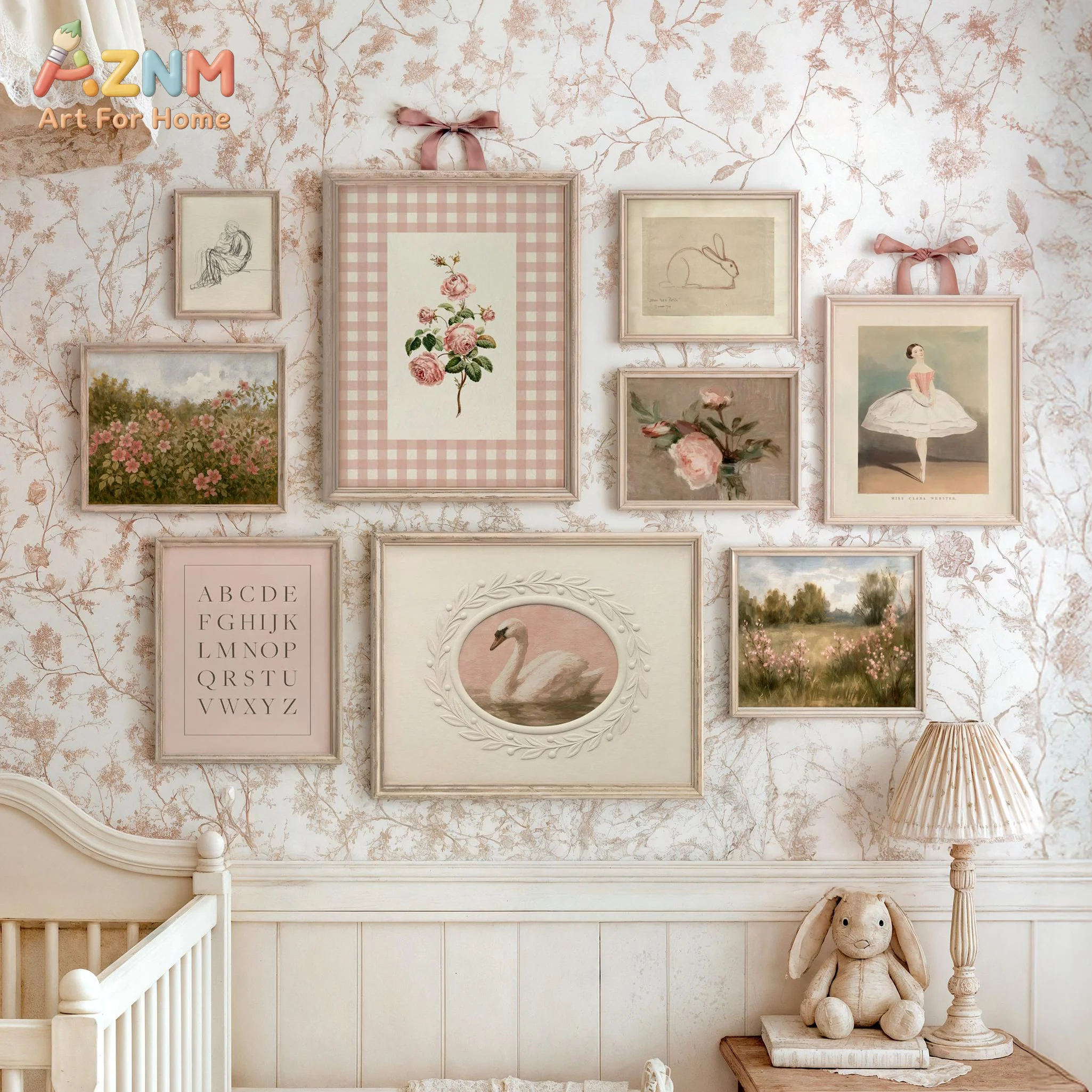 AZNM Vintage Pink Floral Swan Ballet Dancer Canvas Wall Art Countryside Landscape Sketch Print Nursery Decor Unframed